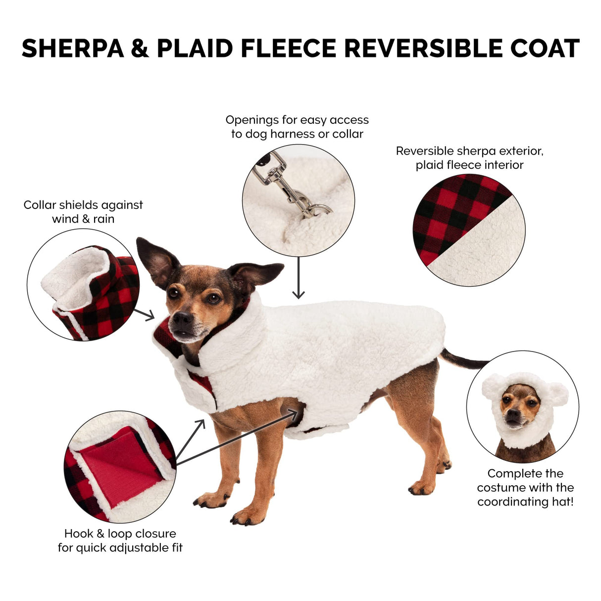 Furhaven Reversible XL Dog Coat, Washable & Insulating w/ Leash Access - Sherpa & Plaid Fleece Flex-Fit Jacket - Cream/Red, Extra Large