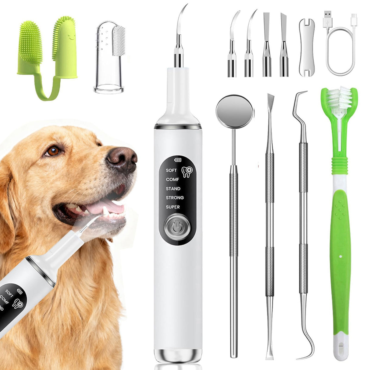 PATWING Dog Plaque Remover for Teeth,Pet Tooth Cleaner with LED Light,Cleaning Kit for Tartar and Stains,5 Adjustable Modes,Pet Teeth Cleaning kit,Suitable for Dogs and Cats (White)