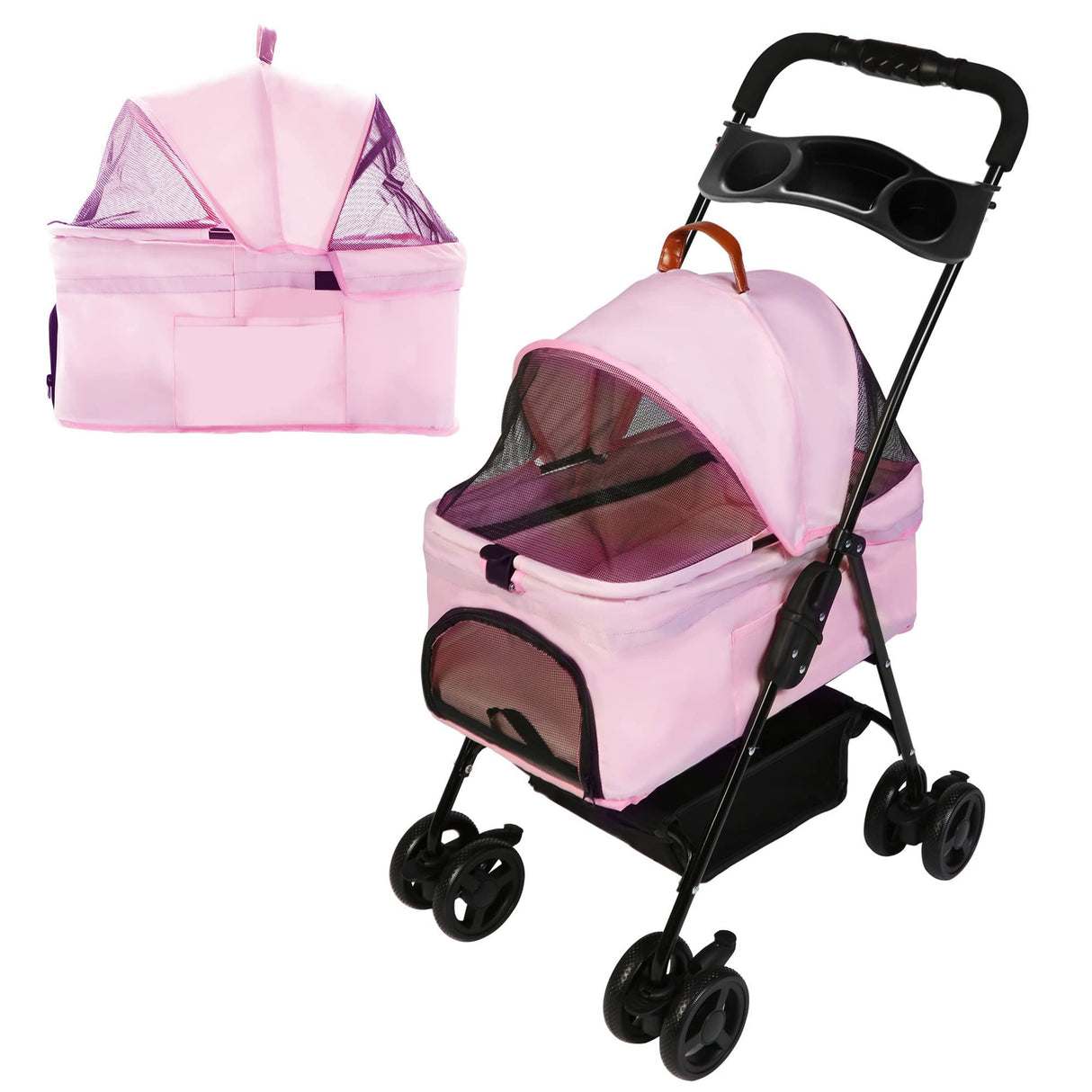 Vilobos 2 in 1 Pet Stroller, Detachable Dog Stroller, Portable Pet Cart w/ 4 Wheels, Cup Holder for Small Dog/Cat, Foldable Waterproof Jogging Travel Carrier Cart, Pink
