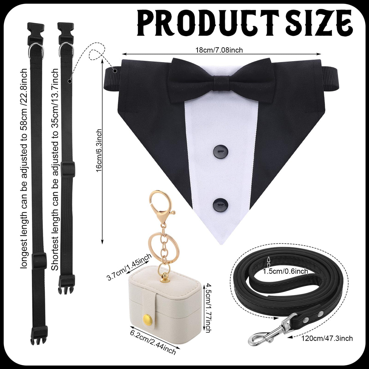 Locmeo 3 Pcs Dog Wedding Collar Outfit Include Dog Tuxedo Attire Wedding Ring Bearer Ring Holder Pouch Box Adjustable Pet Neck Bow Tie with Leash