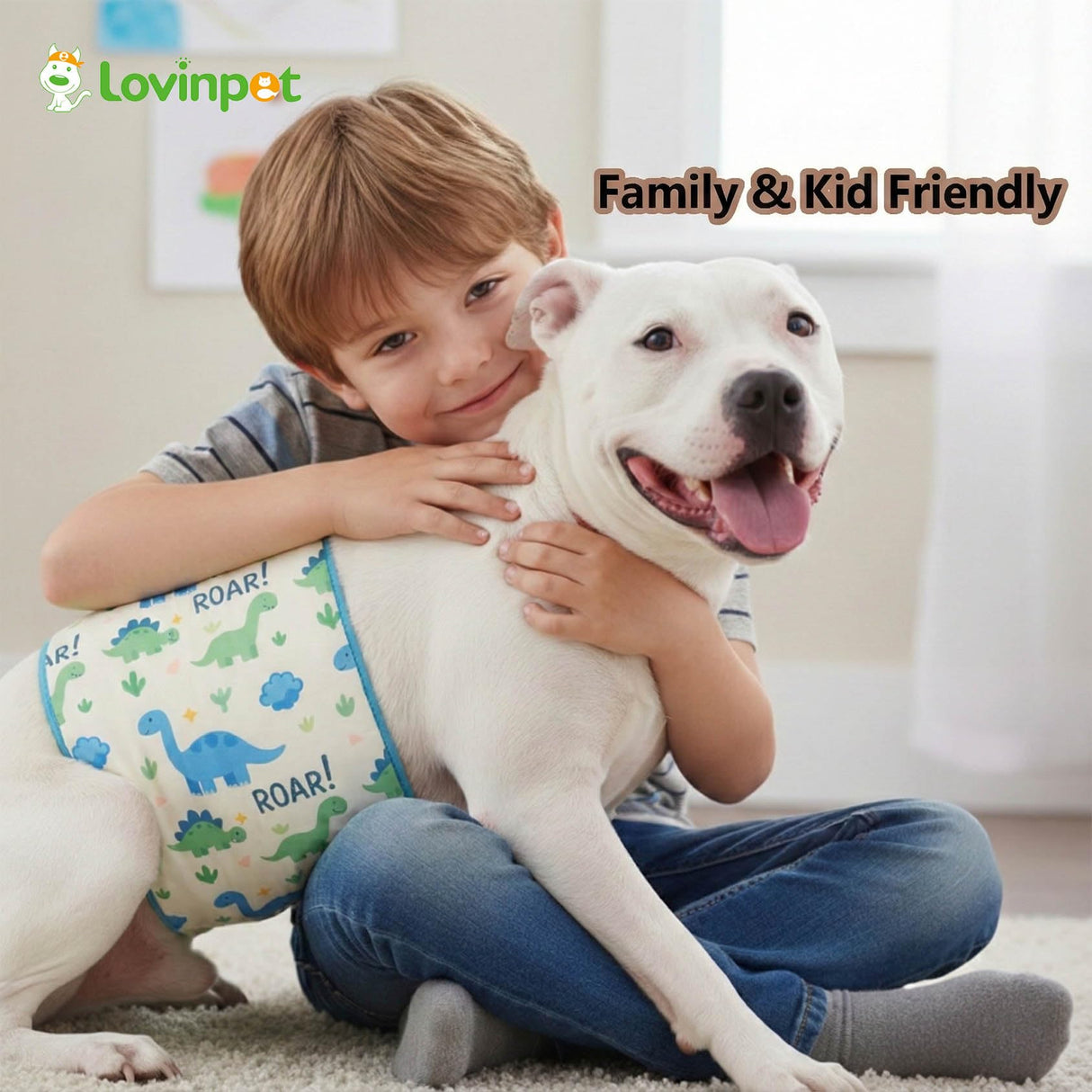 LovinPet 3-Layer Dog Belly Warmer Calming Wrap, Adjustable Abdominal Protector for Medium and Large Dogs, Anti-Chafe Moisture Barrier, Memory-Foam Core + Mesh Lining, Dinosaur Print,White