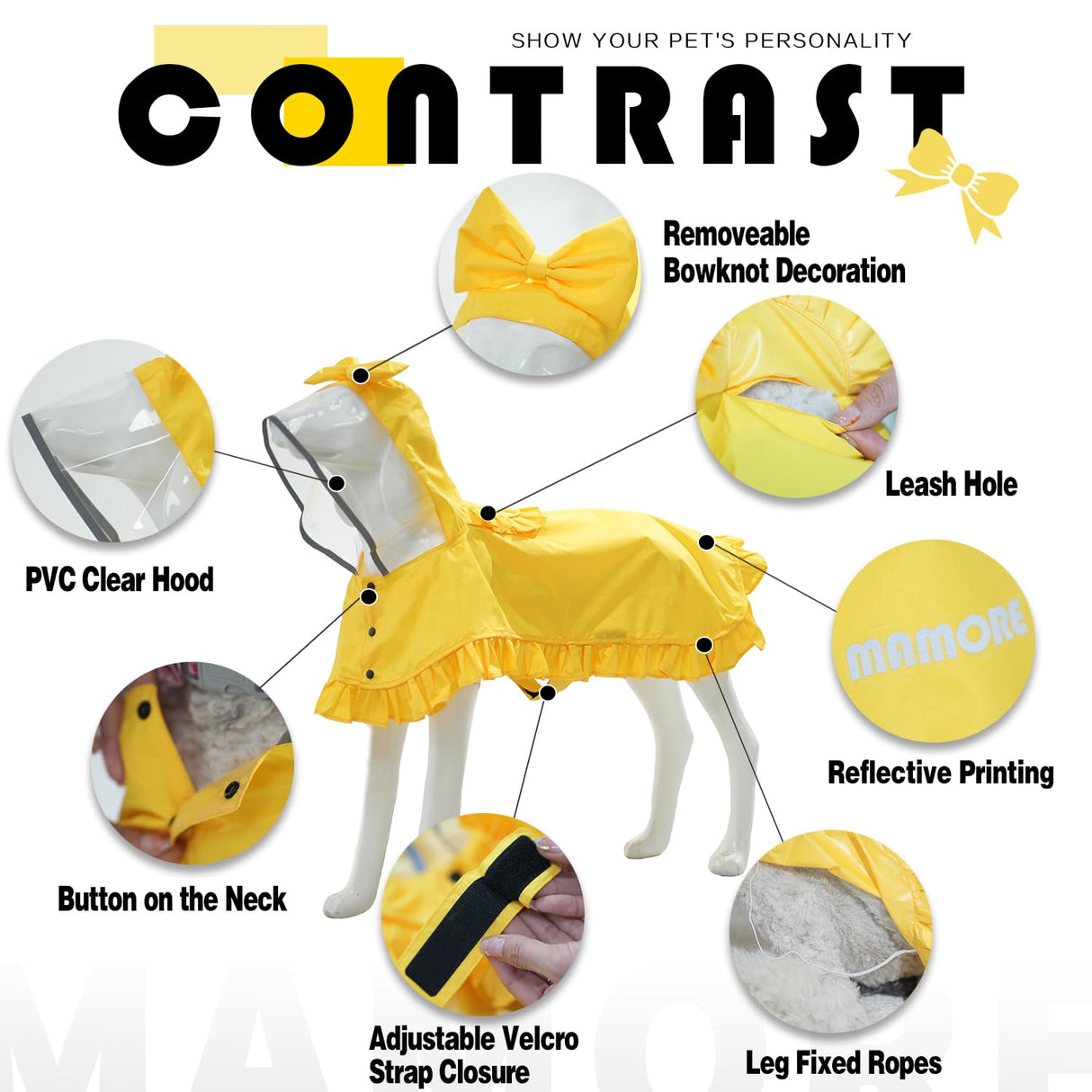 MAMORE Dog Raincoats, Waterproof Dog Rain Jacket with Clear Hood, Adjustable Reflective Lightweight Breathable Pet Rain Poncho for Small Medium Large Dogs(Yellow, Small)