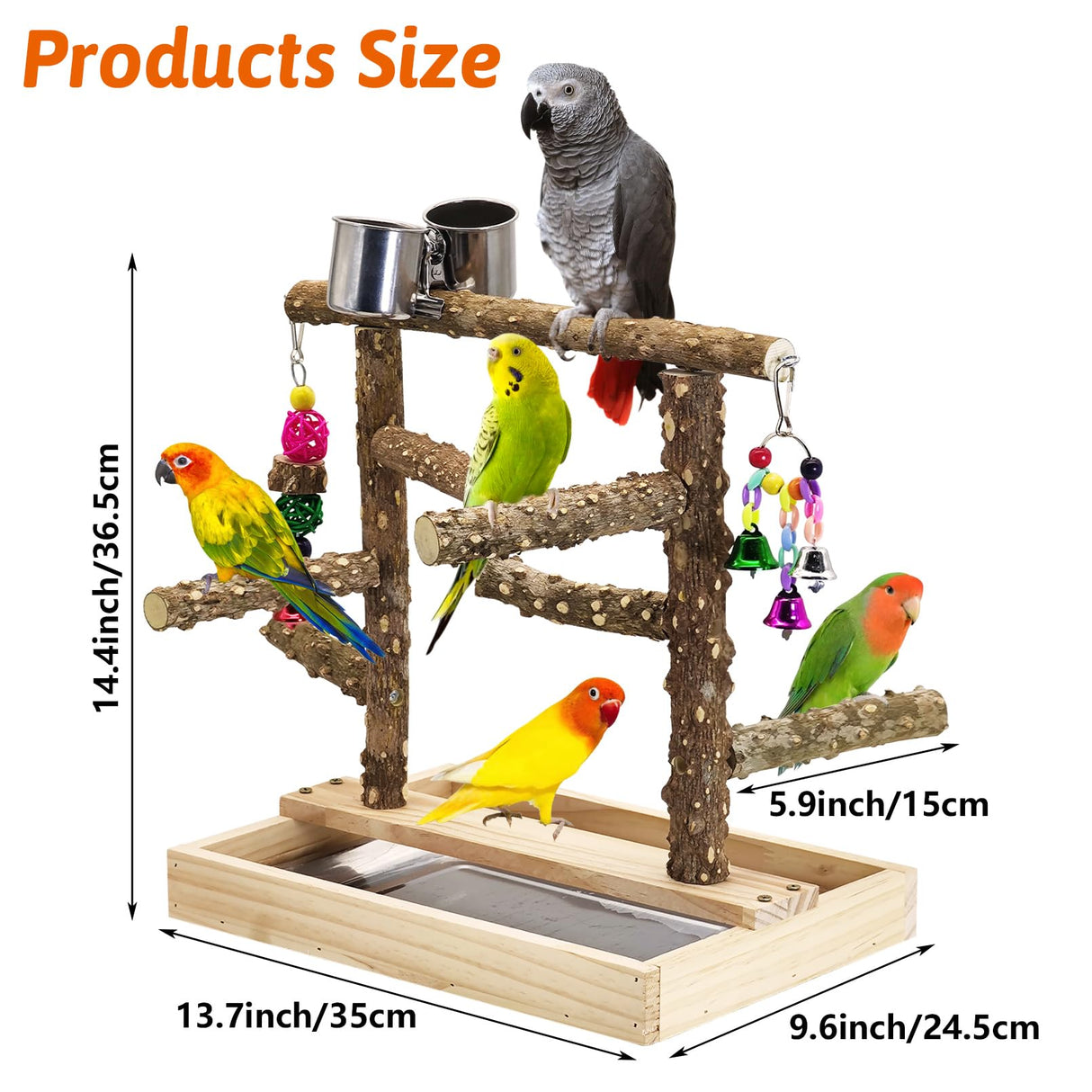 BNOSDM Natural Wood Bird Playground for Training & Playing, Parrot Perch Stand Jungle Gym with Detachable Tray & Stainless Feeder Cups Parakeet Cage Playstand for Budgie, Cockatiel, African Grey