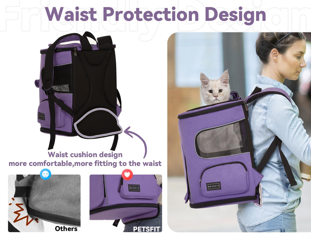 PETSFIT Dog Backpack Carrier with Upgraded Waist Protection, Pet Carrier Backpack Designed for Small Dogs/Cats, Fully Ventilated Collapsible Cat Backpack for Outdoor Traveling Hiking Camping Purple