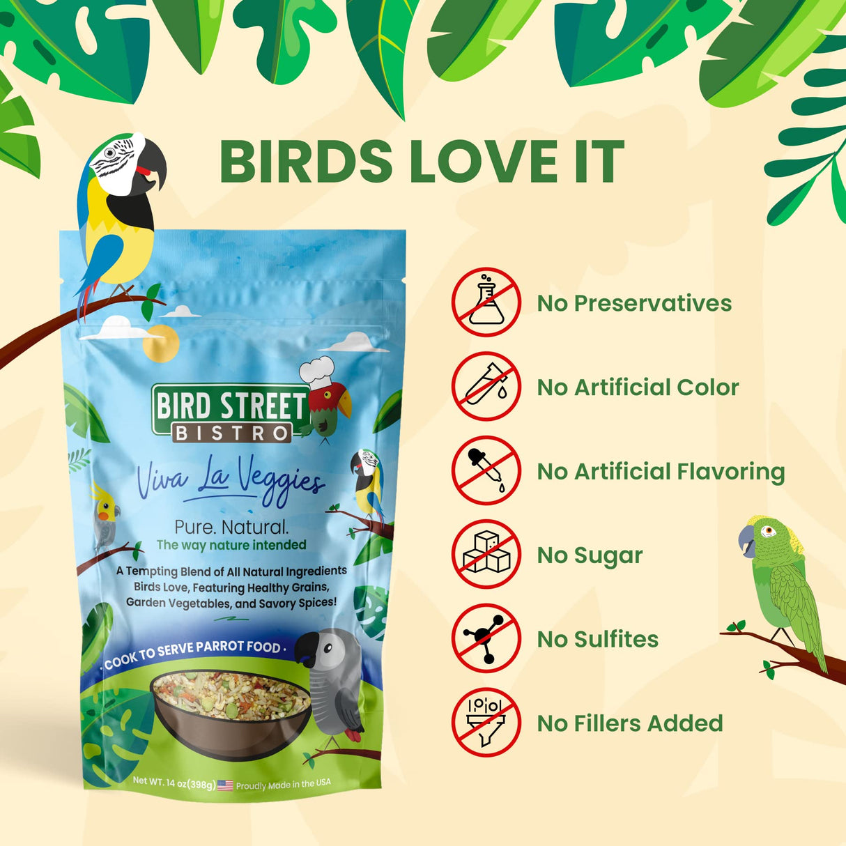 Bird Street Bistro Parrot Food - Parakeet & Cockatiel Food - Cooks in 3-15 min with Natural Wholesome Grains, Legumes, Non-GMO Fruits, Vegetables & Health Spices