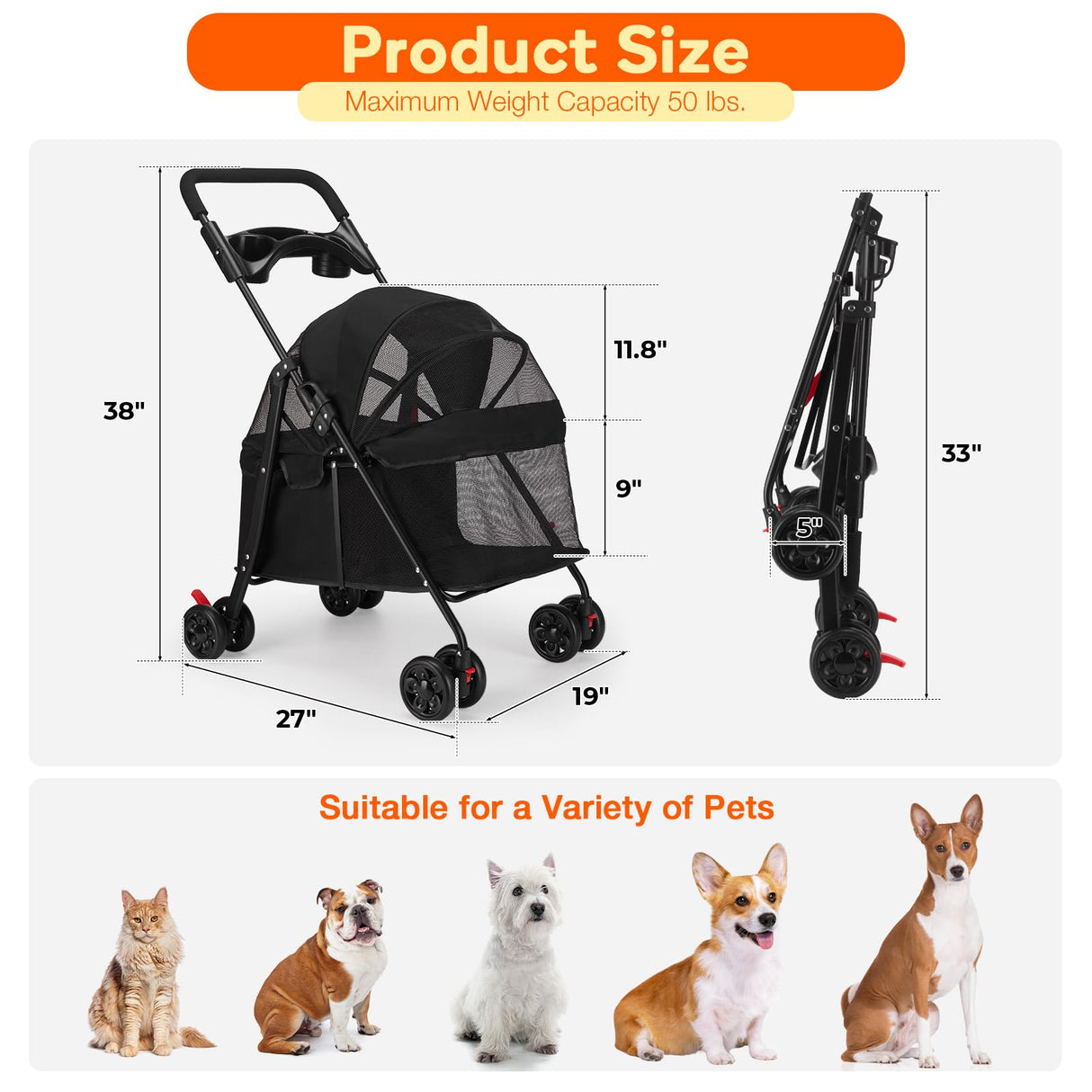 Foldable Pet Stroller for Small/Medium Dogs & Cats up to 22 lbs - Lightweight 4-Wheel Design with Sun Canopy, Storage Basket & Breathable Mesh Windows（Black
