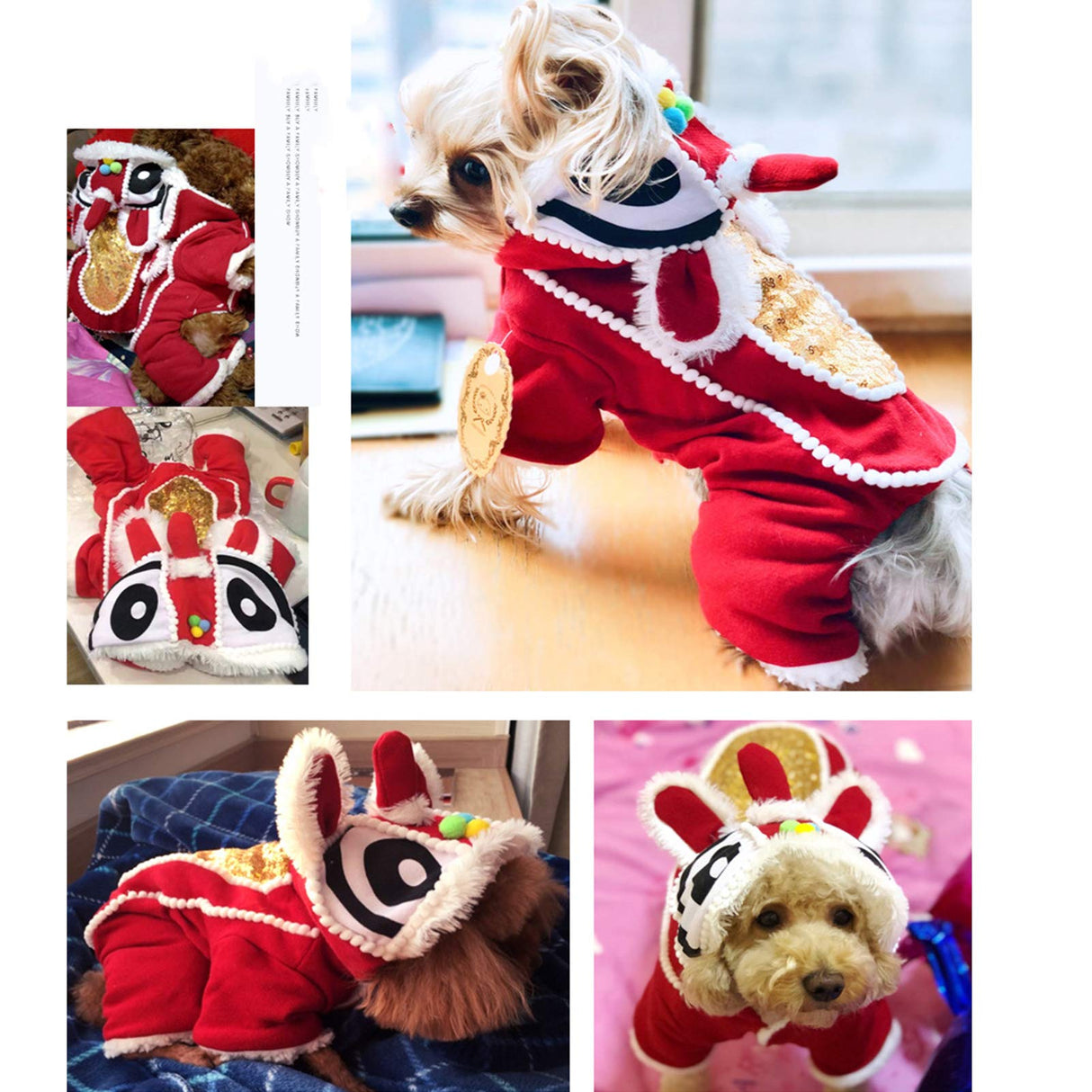SEIS Lion Dance Dog Four-Legged Costume New Year Pet Clothes Cute Cat Tang Suit Winter Teddy Hoodies for Cats Teddy Bichon Small Medium Dogs (S (Chest Circumference 48cm/ 18.9"))