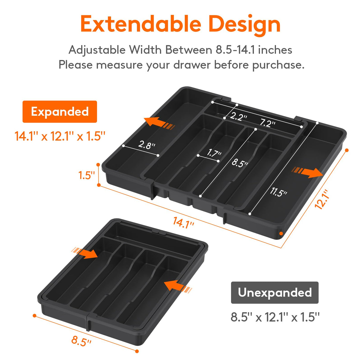 Expandable Silverware Organizer, Plastic Utensil Tray for Kitchen Drawer, BPA Free Flatware Cutlery Holder, Space-Saving Storage for Spoons Forks Knives, 8.5-14 x 12 x 1.5 inch, Black