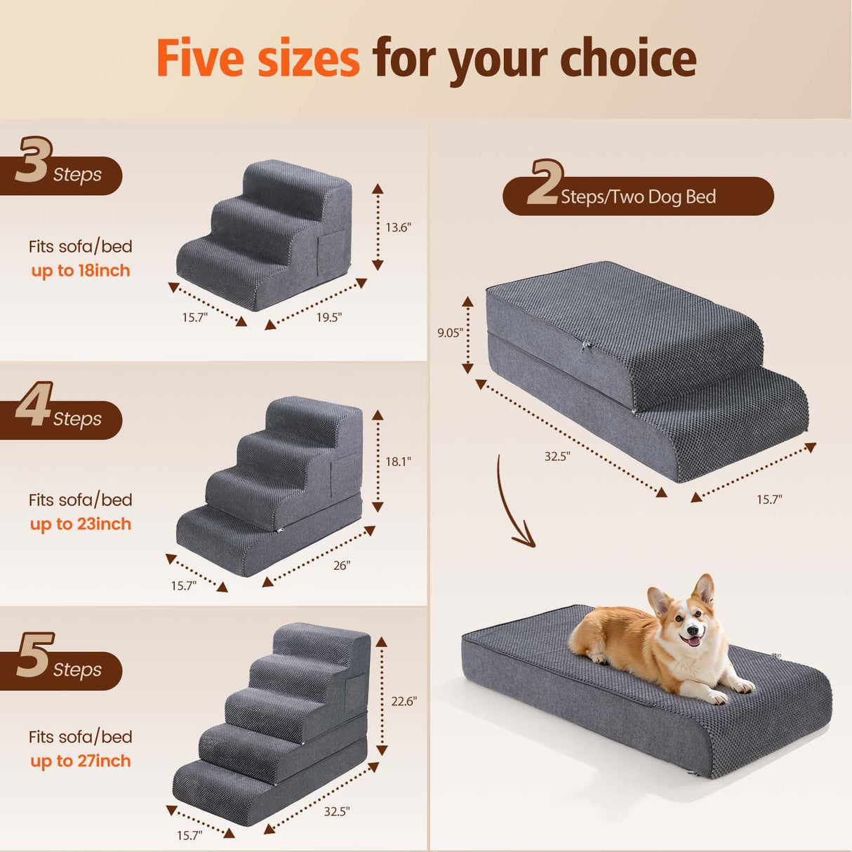 Dog Stairs for Small & Medium Dogs, 5-Step Dog Steps for Bed & Couch, High-Density Foam Pet Stairs for High Beds, Non-Slip Indoor Pet Ramp, Washable Cover, Fits Beds up to 22.6", Grey