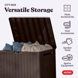 Keter City 30 Gallon Resin Outdoor Storage Box and Patio Furniture Side Table for Pool and Garden Accessories, Brown