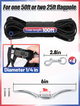 Flag Rope and Clips Kit - 100ft Flag Pole Rope Halyard with Cleat Hook & 4 Pcs Swivel Snap Clips for Flagpoles Up to 50ft, Outdoor Porch Flagpoles Repair Replacement Parts Accessories
