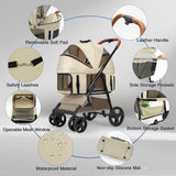 4 Wheels Pet Stroller for Small/Medium Dogs and Cats,Dog Stroller with Detachable Carrier and Storage Basket,One Click Folding, Compact Portable,Up to 50lbs,3 in1 Multifunctional(Khaki)
