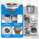 Sink Drain Strainer - Sink Stopper Kitchen Drain, 3 in 1 Kitchen Sink Drain Strainer with Anti-Clogging Basket, Kitchen Gadgets Clearance Sink Accessories, Fit US Standard 3-1/2'' Sink Hole, Silver