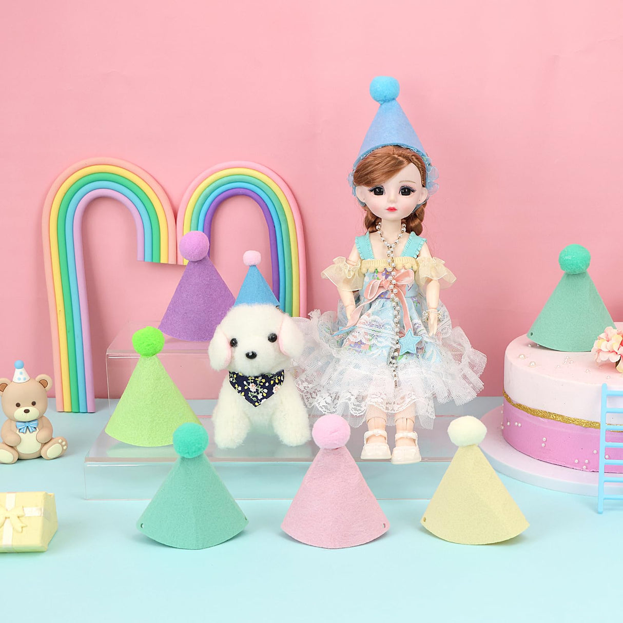 DRANSMIC 12pcs Mini Party Hats for Stuffed Animals, Macaron Hats for Dolls Dog Cat Rabbit Puppies Birthday Party Cone Hats Photo Prop