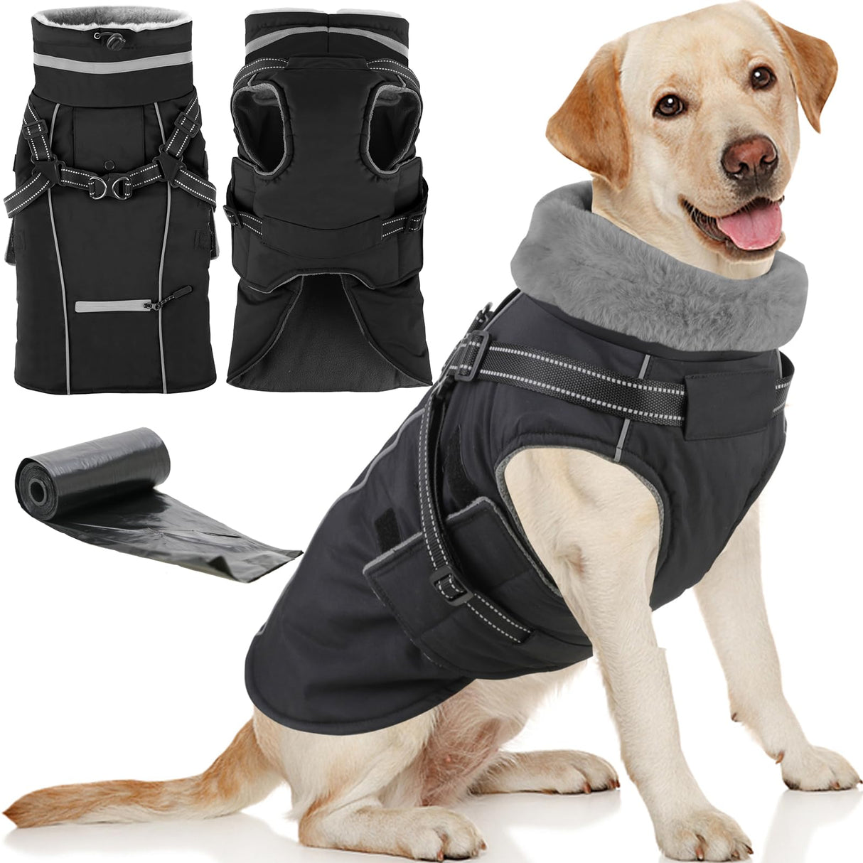 Doglay 2 in 1 Dog Coat with Harness Built-in, Waterproof Dog Winter Jacket with Pocket & Poop Bags, Reflective Adjustable Pet Winter Coat for Small, Medium, Large Dogs - Black, 3XL