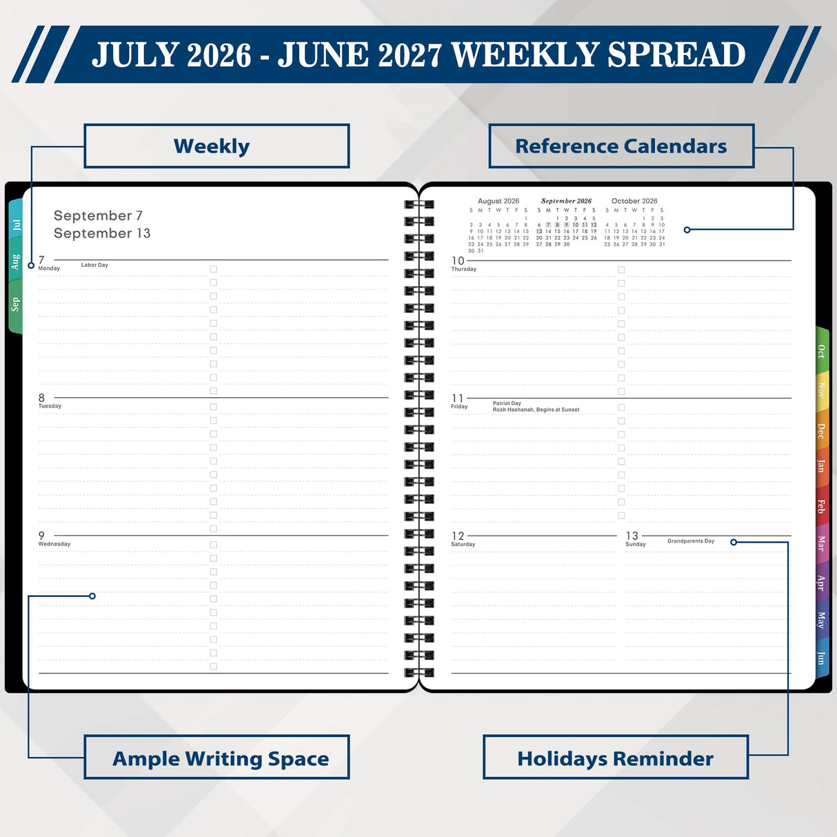 BooQool Planner 2026-2027 for Office, School, Home - Spiral Bound Academic Monthly Weekly Calendar July 2026 - June 2027 Organizer with To Do List, Tabs & PP Cover 8" x 10"