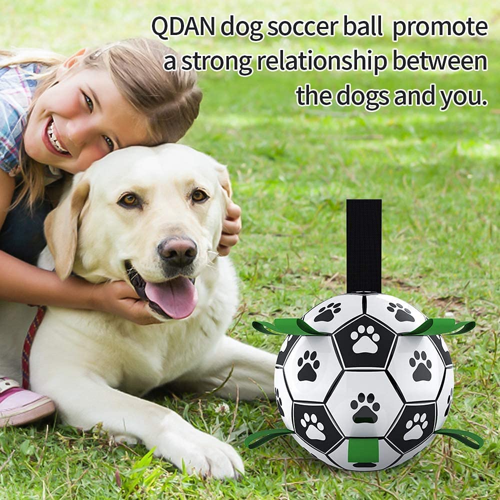 QDAN Large Dog Toys, 8 Inch Soccer Ball for Dogs with Straps, World Cup Interactive Toys for Tug of War, Puppy Birthday Gifts, Water Toy, Durable Dog Balls for Medium Large