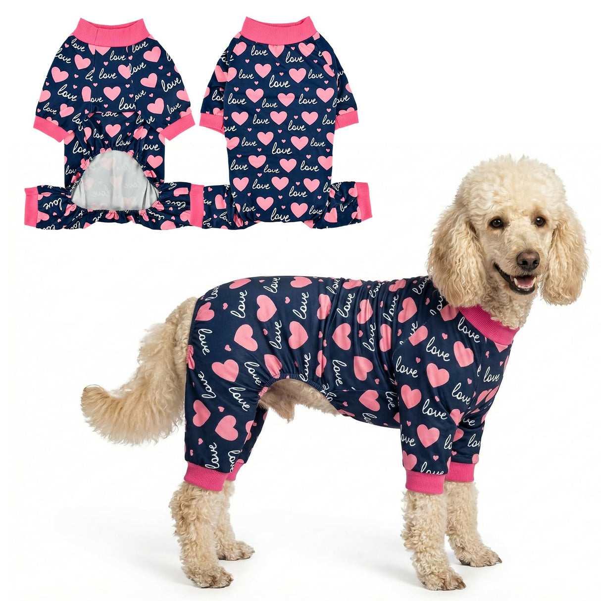 CooShou Valentine's Day Dog Pajama Heart Pattern Dog Onesie Jumpsuits Soft Pet Love-Themed Pjs Festival Dog Outfit Costume Apparel Clothes for Medium Large Dogs Blue L