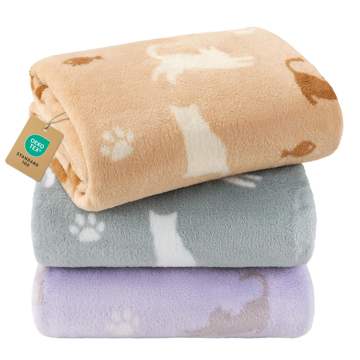 Luciphia 1 Pack 3 Blankets, Cute Cat Printed Fluffy Fleece Pet Blanket for Dogs Cats Washable, Warm Soft Throw Cover for Crate Couch, Gifts Puppy Essentials, Purple/Grey/Khaki, Medium (30x20 inch)