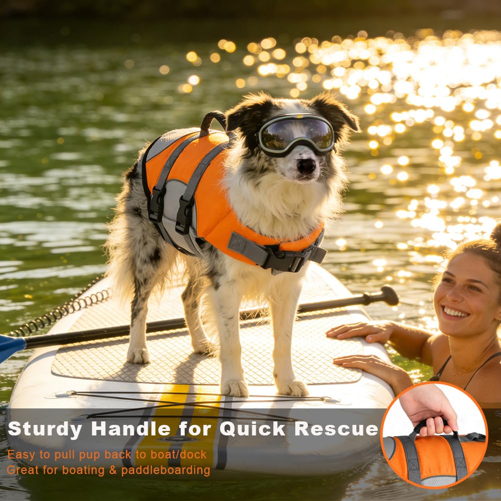Mklhgty Dog Life Jacket, Reflective Adjustable Dog Life Vest with Rescue Handle for Swimming and Boating, Ripstop Pet Safety Life Preserver for Small, Medium and Large Dogs