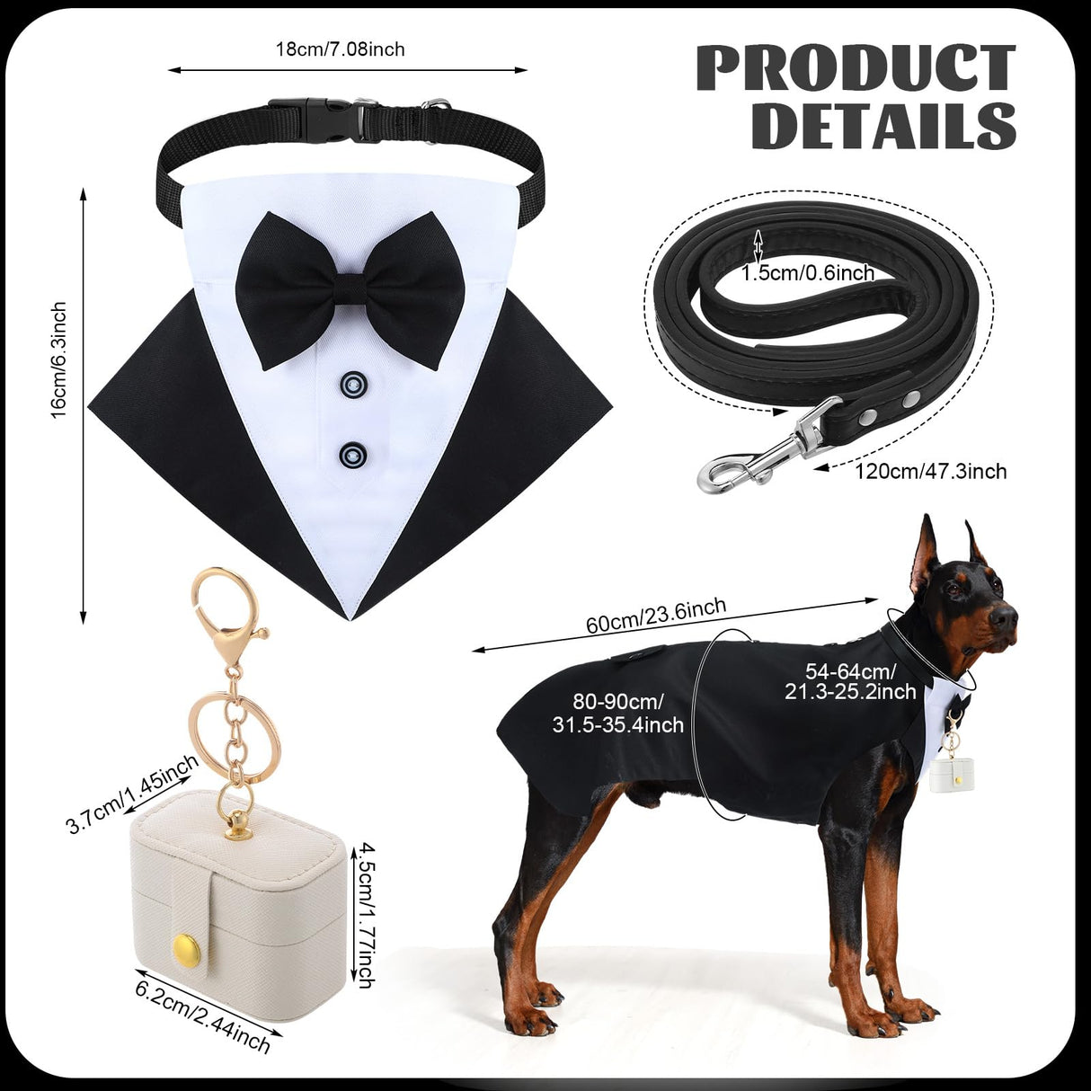 Huhumy 4 Pcs Dog Wedding Tuxedo Outfit for Large Dogs Pet Ring Box Security Gift Set Include Wedding Ring Holder Pouch Box Formal Dog Tux PU Leather Leash Black Gentleman Pet Tux with Bowtie Set
