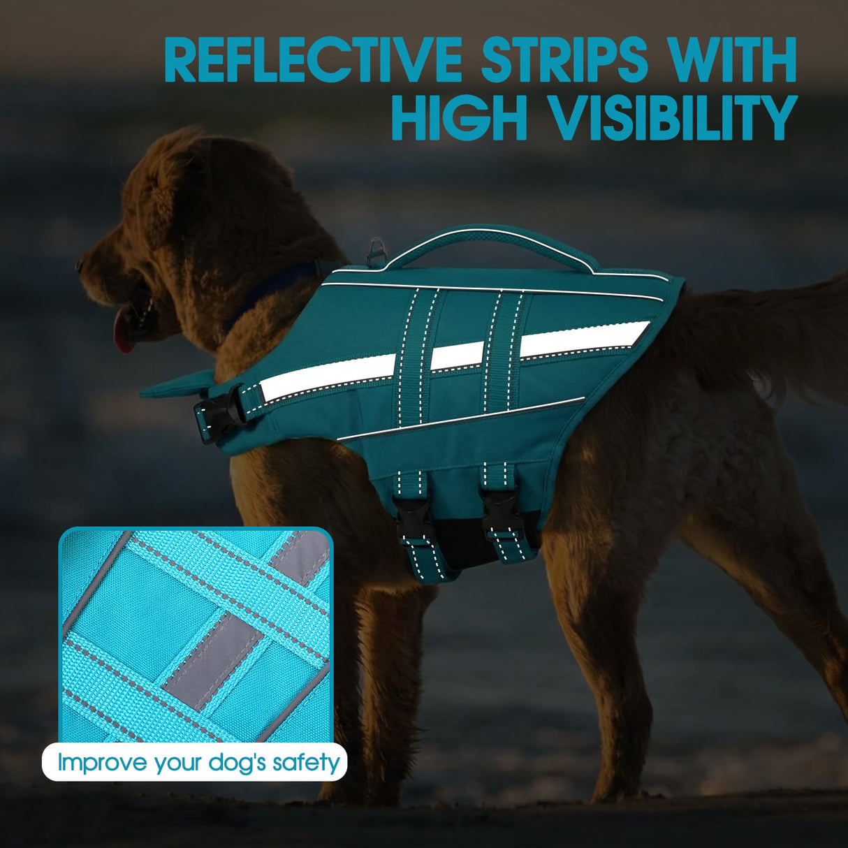 Dog Life Jacket Dog Life Vest for Swimming Boating with Detachable Front Chin Float High Buoyancy Pool Lifesaver Adjustable Reflective Ripstop Pet Preserver with Rescue Handle(Turquoise, XL)