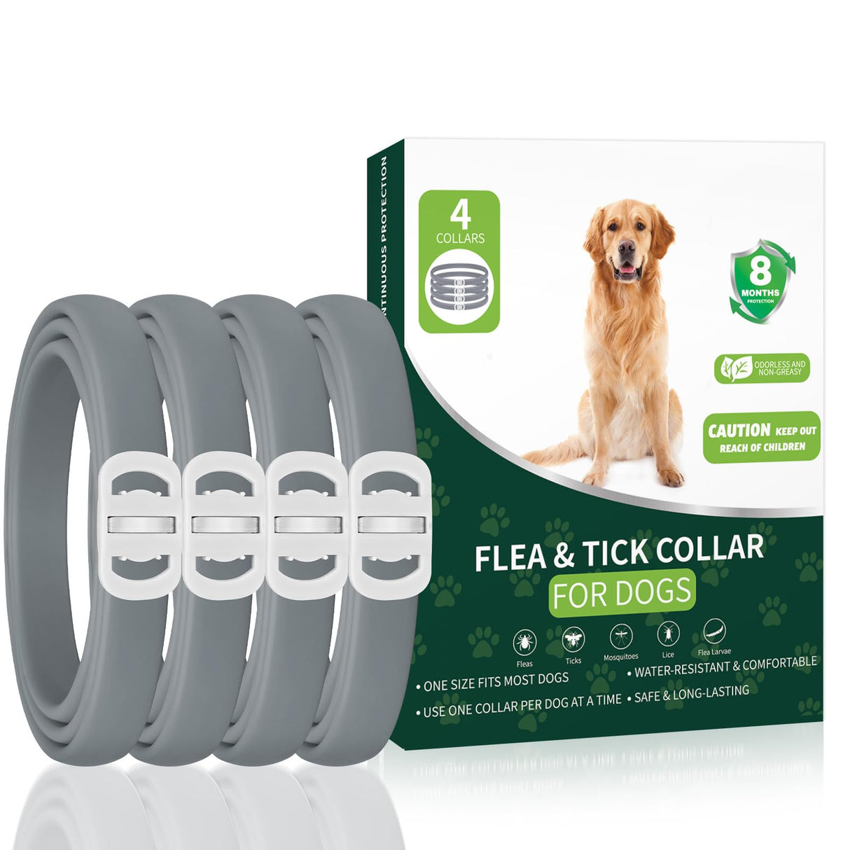 Flea and Tick Prevention for Dogs, 4 Pack Flea Collar for Dogs, Dog Flea and Tick Treatment, 32 Months Protection, Waterproof, Adjustable Collar for Dog, One Size Fits All for All Breeds, Grey