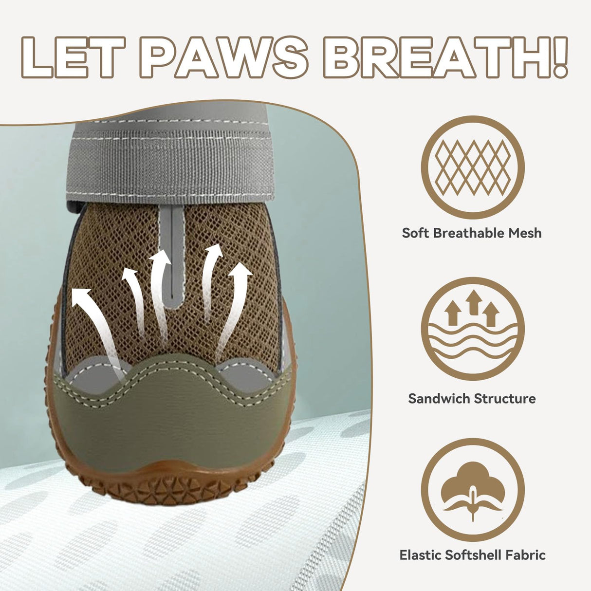 Furrtripsy Dog Booties,Waterproof Dog Shoes for Large Medium Small Dogs,Suitable for Summer Hot Pavement,Adjustable Non-Slip Rubber Paw Protector (Brown, #7 (Width 2.8 inch) for 63-78 lbs)