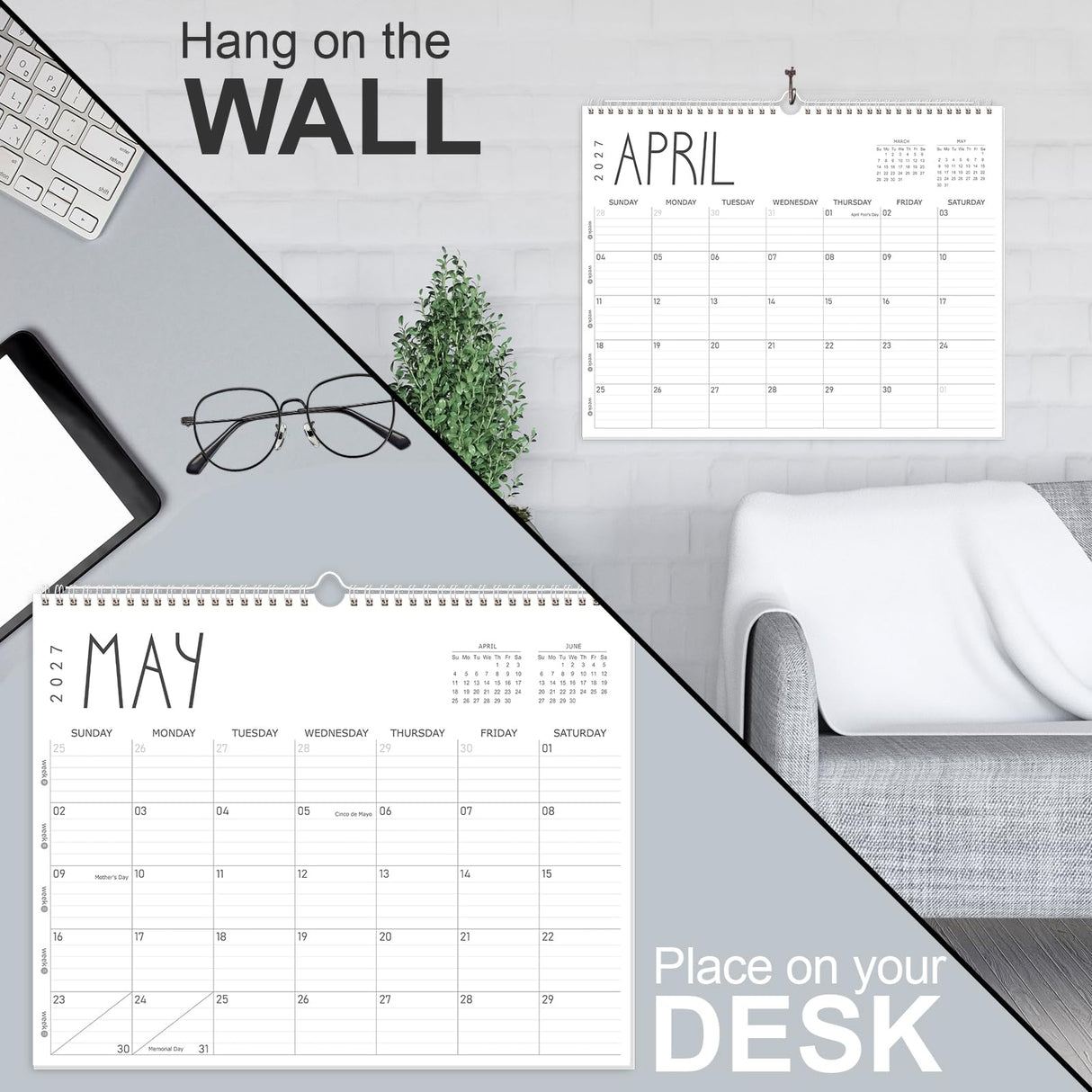 Wall Calendar 2026, 2026-2027 Calendar Wall from Jun. 2026 to May 2027, 14" X 11" Paper Monthly Planner Wall Hanging Calendar with Thick Paper for Office Home Planning & Organizing