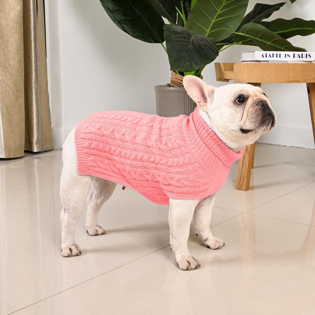 KCFESTIHUE 2 Pack Dog Sweaters for Medium Dogs Turtleneck Pullover Cable Knit Stretch Clothes French Bulldog Dachshund Boston Terrier Corgi Beagle Pug Boy Girl Pets Winter Clothes (M, Pink & Red)