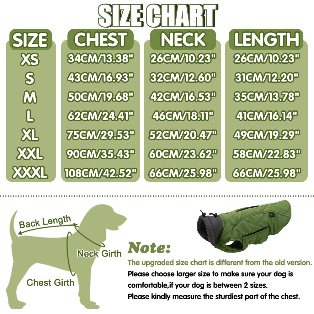 EMUST Winter Coat for Large Dogs, Windproof Dog Jacket for Cold Weather, Extra Warm Pet Winter Clothes for Small Medium Large Dogs, Green, XXL