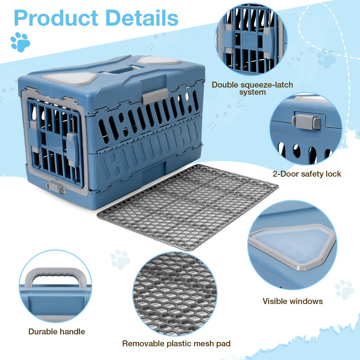 Pet Carrier for Cats & Small Dogs, Foldable & Durable Hard Cat Carrier Plastic, 2-Door 360° Ventilation Clear Top Pet Travel Kennel Crate for Longer Traveling Upto 22Lbs (22.0" L x 13.0" W x 14.6" H)