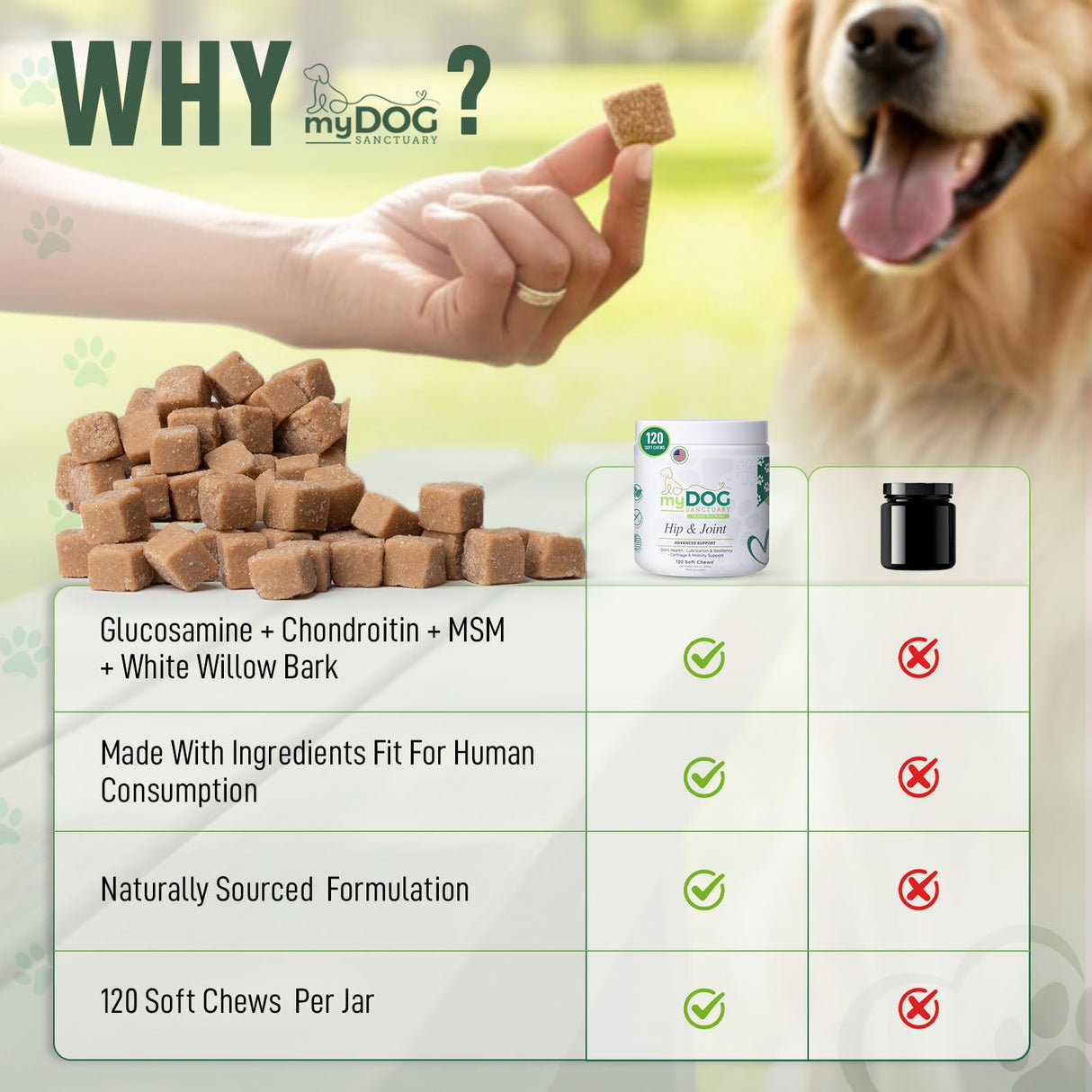 My Dog Sanctuary 120 Chews Hip and Joint Supplement for Dogs - Glucosamine, Chondroitin & MSM,Dog Joint Supplement - Mobility, Flexibility & Cartilage Support - Bacon Flavor