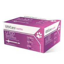 Load image into Gallery viewer, UltiCare VetRx U-100 Pet Insulin Syringes, Comfortable and Accurate Dosing of Insulin for Pets, Compatible with Any U-100 Strength Insulin, Size: 3/10cc, 29G x 1/2’’, 100 ct Box
