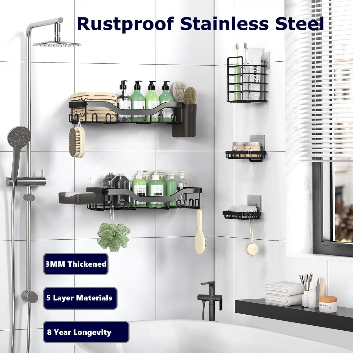 NESOMI Shower Caddy Adhesive Shower Organizer 7-Pack, Rustproof Stainless Steel Bathroom Shelves, Large Capacity No-Drill Rack Storage Accessories with Soap Dish Toothbrush Holder &24 Hooks Home Decor
