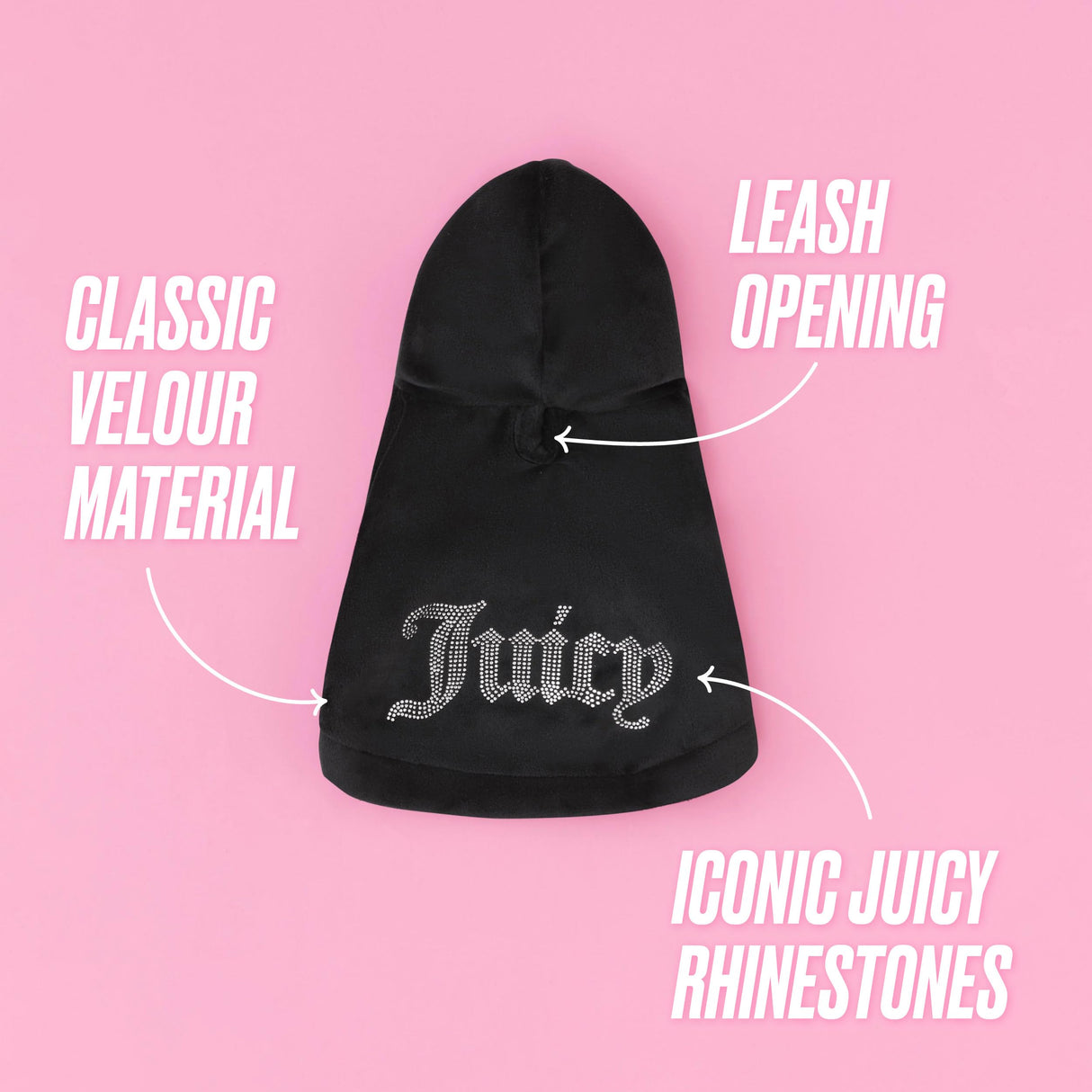 Juicy Couture Bling Velour Pet Hoodie - Black - M/L (7-12 lbs.) - Pet Hoodies for Small Dogs or Cats