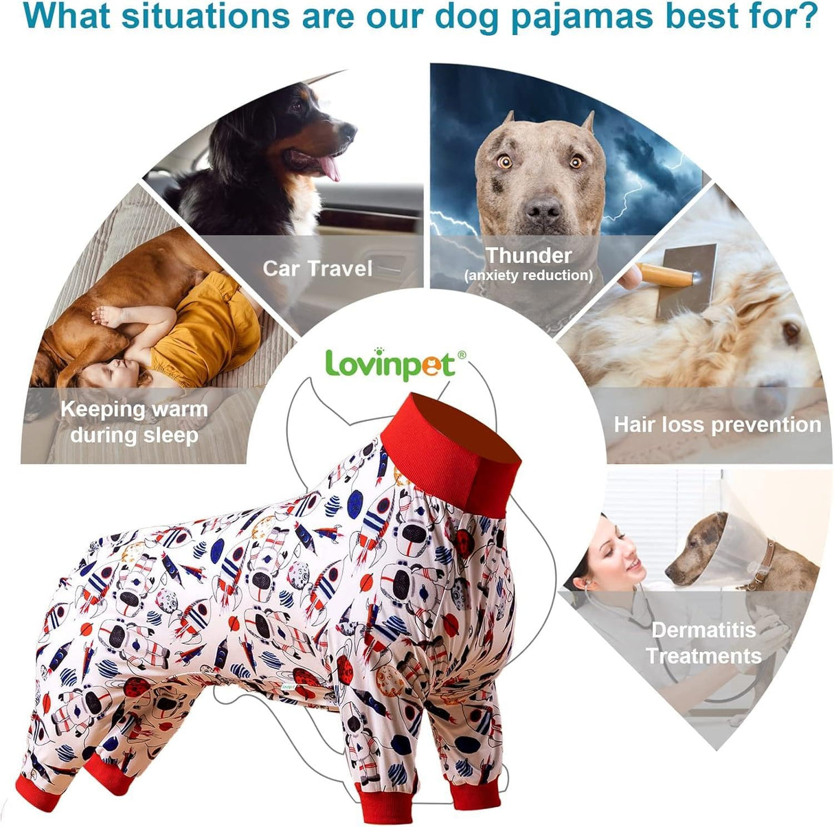 LovinPet Large Dog Outfit - Space Snow Prints, Lightweight Pullover Large Puppy Pajamas, Full Coverage Dog Pjs, Pitbull Onesie, Pet Pajamas for Dogs, Pitbull Clothes, White 3XL