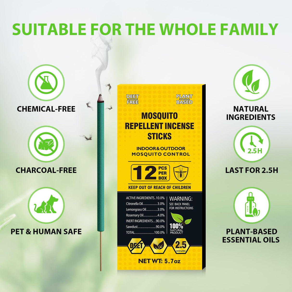 BugBai Mosquito Repellent Outdoor Patio 12 PCS, Thicker Natural Citronella Oil Incense Sticks 2.5H Protection for Indoor Home, Plant-Based Bug Insect Barrier for Basement Yard Garden Camping Fishing