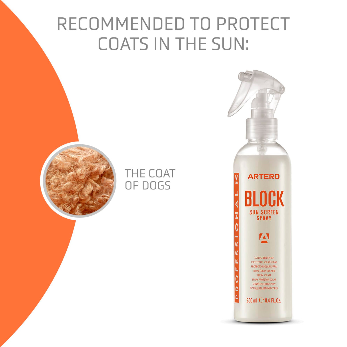 Artero Block Pet Sunscreen Protects Hair from the Effects of UV and Infrared Rays.