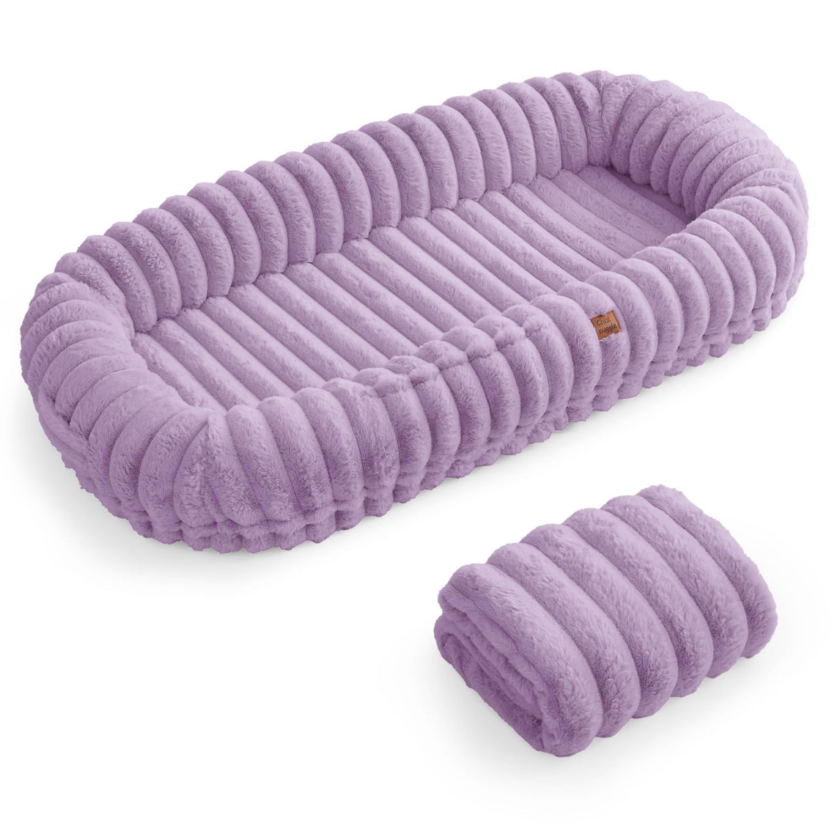 ChiXnuggle Human Dog Bed for Adult - Luxury Striped Faux Fur Giant Dog Bed with Portable Handle, Egg Orthopedic Foam Pad with Thick Blanket, 72"x40"x10", Purple