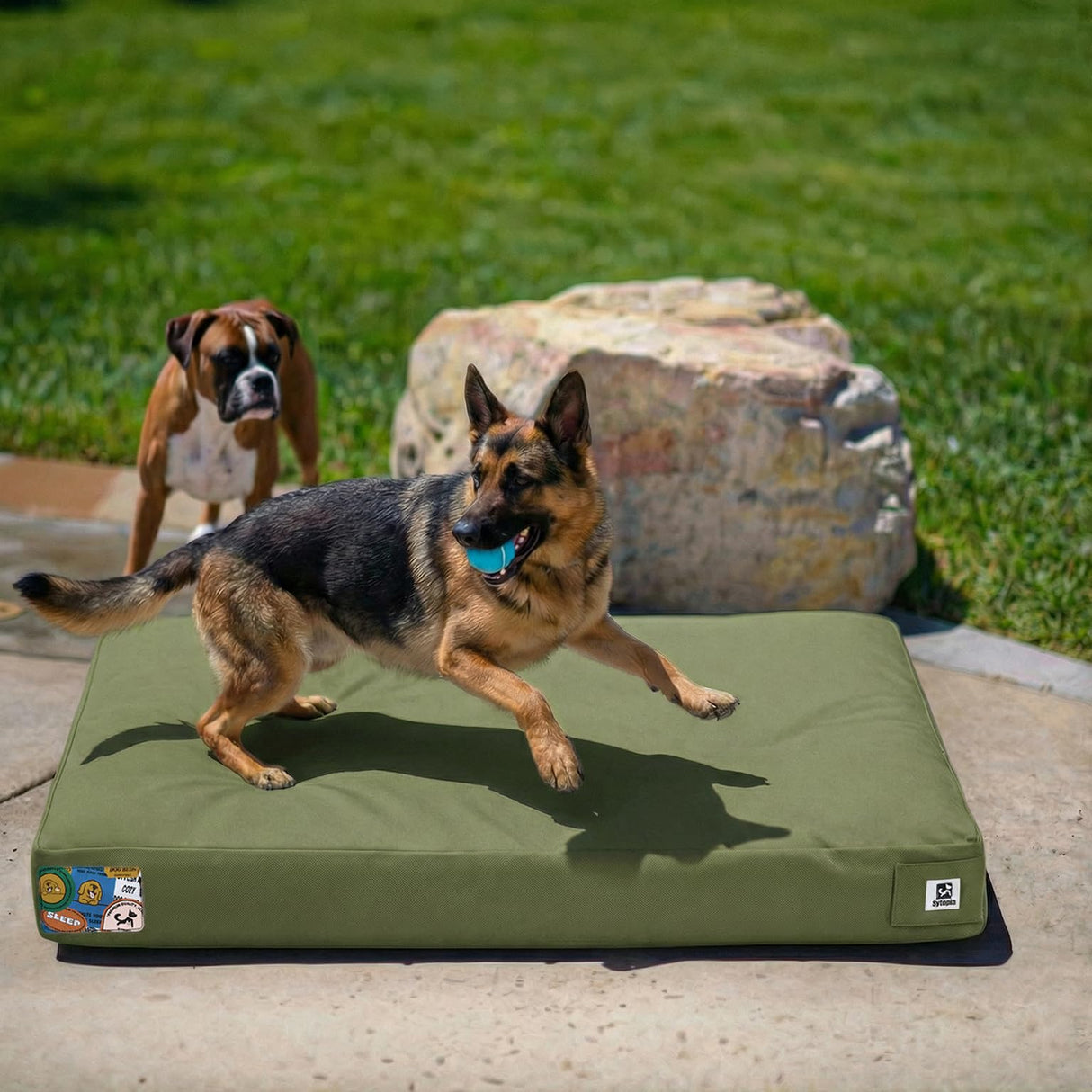Sytopia Indestructible Waterproof Canvas Outdoor Dog Bed, 42 Inch Chew Proof Pet Bed for Extra Large Dogs, Washable Removable Cover, Indoor Outdoor Patio Pad, Green