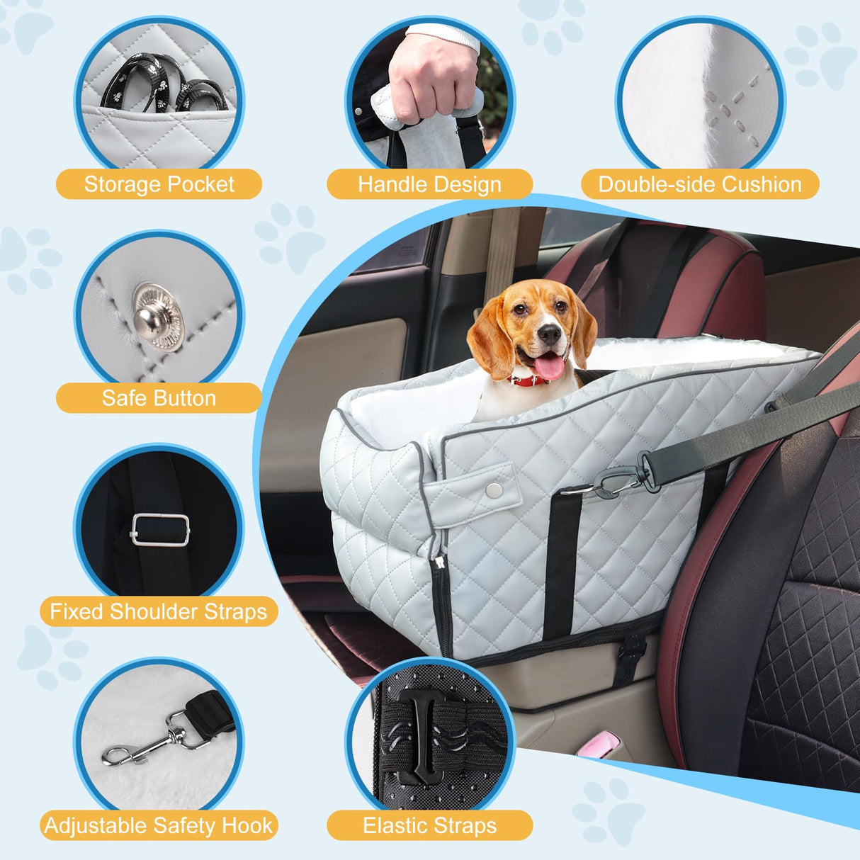 PU Center Console Dog Car Seat for Small Dogs Up to 12lbs, Portable Dogs Armrest Booster Seat with Adjustable Straps & Storage Pocket (Grey PU)
