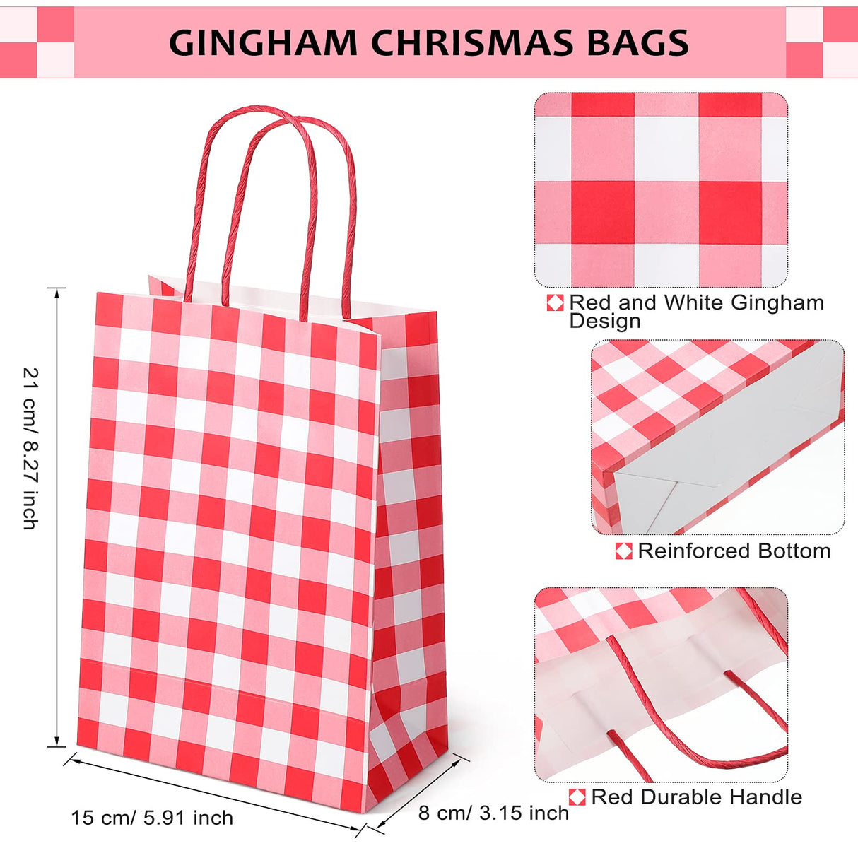 30 Pieces Gingham Gift Bags Kraft Paper Bag Christmas Buffalo Plaid Bag Present Bag Party Favor Bag with Handle Goody Bag for Christmas Birthday Party Supplies, 5.91 x 8.27 x 3.15 Inch (Red White)