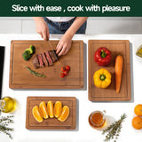 3-Piece Set Bamboo Cutting Board for Kitchen - Crack-Resistant Wood Chopping Boards with Deep Juice Grooves, Pre-Oiled Butcher Block for Meat, Vegetables & Cheese, Carbonized