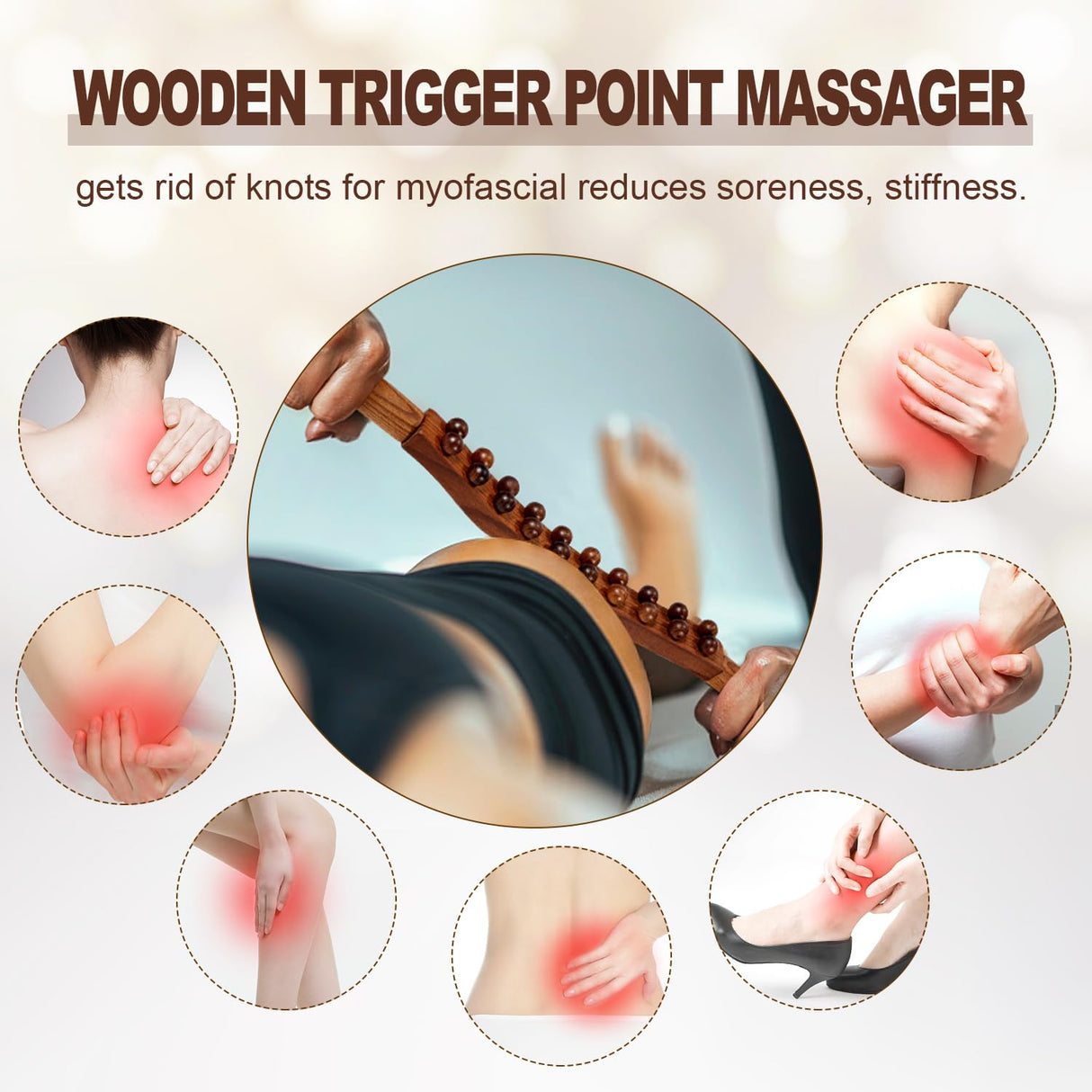 Wood Therapy Guasha Wood Stick Massage Tools,Lymphatic Drainage Massage Stick,Stomach Cellulite Massager,Myofascial Release Tool,Ease Pain Self Body Sculpting,Mountable Handle Double Row 20 Beads