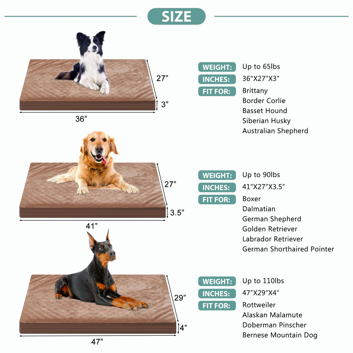 Waterproof XXL Dog Beds Large Sized Dog, Orthopedic Washable Crate Pad 48 inch, Jumbo XXLarge Foam Pet Bed with Removable Cover Reversible, Anti-Slip Kennel Pad, 47"x29", Brown