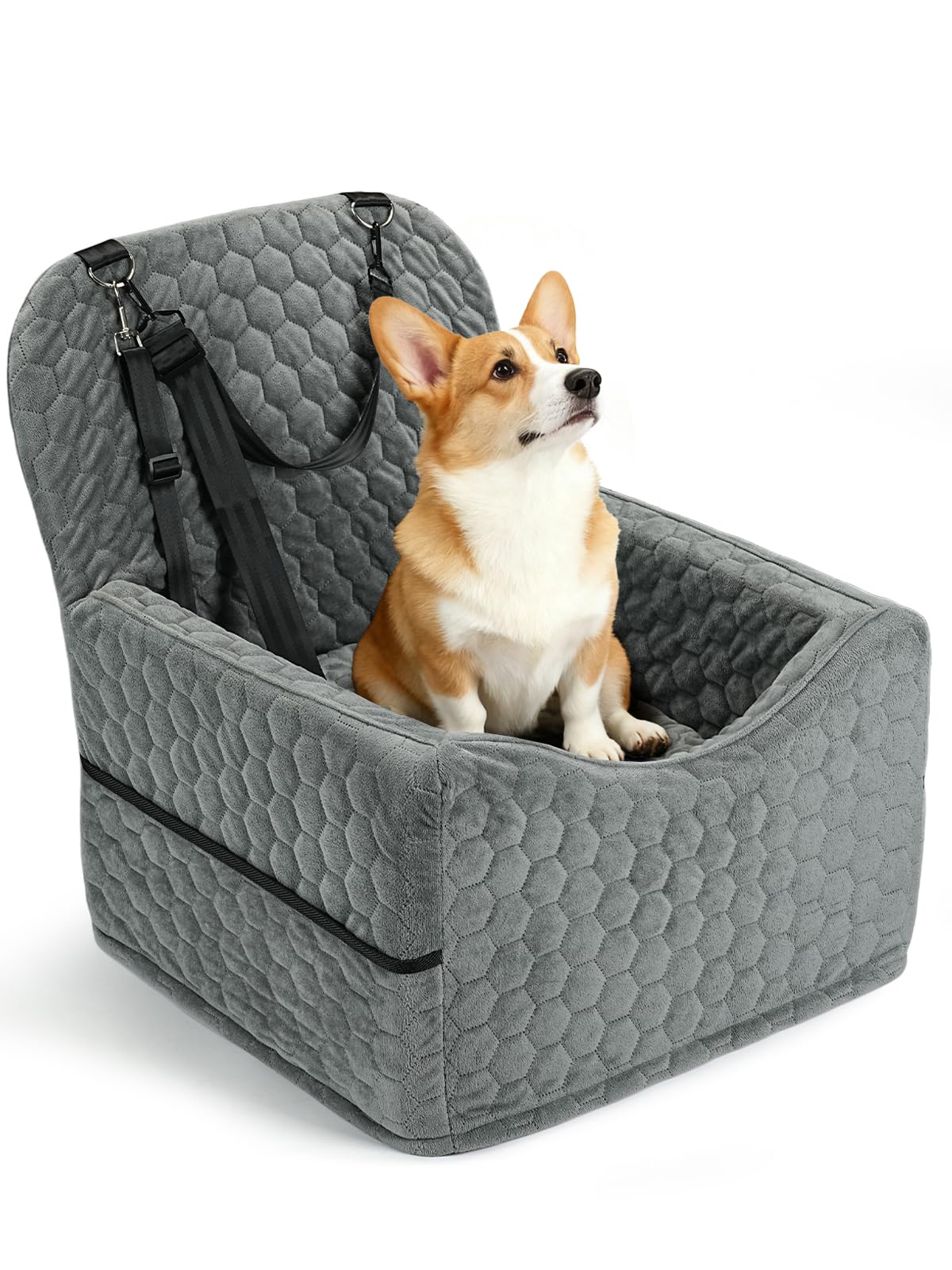 Sniffury Dog Car Seat for Small/Medium Pets, Adjustable Booster Seat with Safety Leash, Washable Cover & Storage Pockets (Up to 35 lbs, Gray)