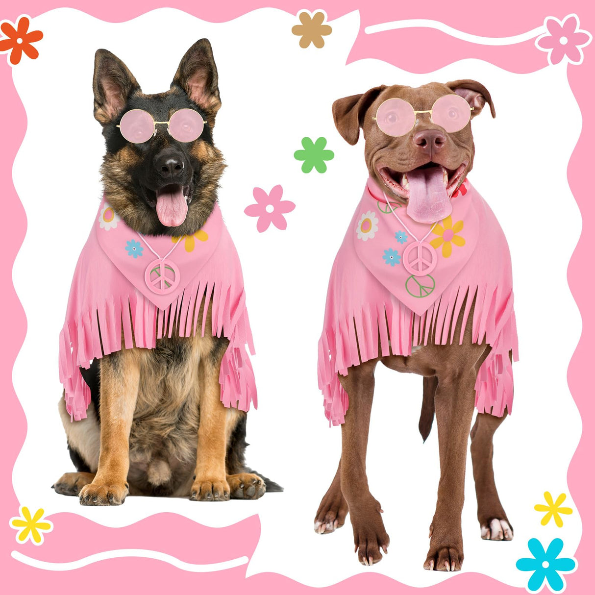 Huhumy 4 Pcs Hippie Dog Costume Pet Dog Hippie Costume Set Includes Sunglasses Scarf Cloak Necklace(Pink Style,Large)
