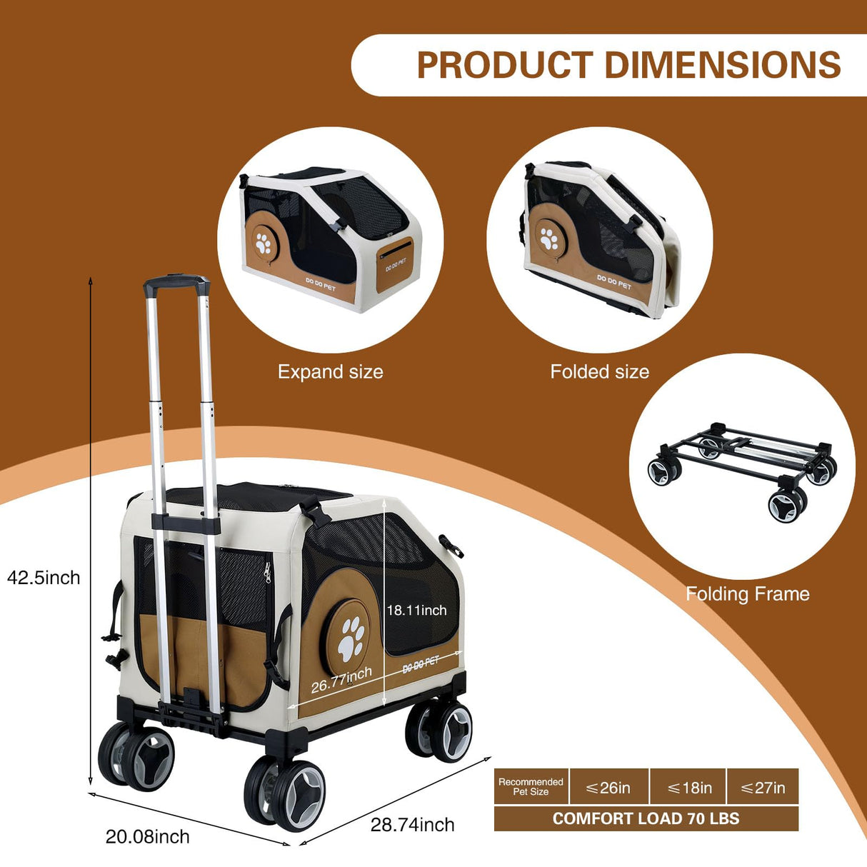 IronHaul 3-1 Dog Stroller for Medium Dogs,Collapsible Soft Dog Travel Crate with Metal Frame for Car Travel,Pet Stroller with Removable Carrier for Pets Up to70LBS(Orange)