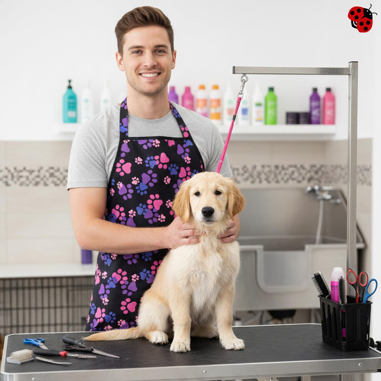 Ladybird Line 614 Unisex Pink and Purple Paw Print Waterproof Pet Grooming and Styling Apron, Hair and Bleach Resistant, 2 Front Pockets and Adjustable Neckband and Mesh Lined for Comfort